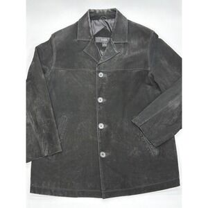Cezani Mens Black Suede Leather Car Coat Jacket Button Front Medium